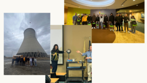 3 photos: Left photo: School bus and students are before a nuclear cooling tower with a work crane. Center photo: Student uses a van de graff generator and plastic strips. Right photo: Group with matching black and green bags pose for a photo.