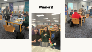 3 photos: Left photo: Students at a square desk assemble a wind turbine model with dowels and a foam hub. Center photo: Three people two students give thumbs up while a third holds a stick with a foam hub and 4 blades to catch wind. Right photo: 3 students sit at a hexagon table.