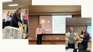 3 photos: left photo: women using a wind turbine model with box fan. Center photo: Woman by a presentation screen that reads, "Renewable Energy Lesson Ideas for your Makerspace and STEAM classes Kathleen Bially" Right photo: Two women with a turbine hub and 4 rectangular cardboard blades.