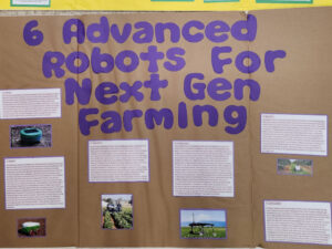 A science poster titled: 6 Advanced Robots For Next Gen Farming. Between text sections are photos of different types of agricultural robots. The text can not be read.