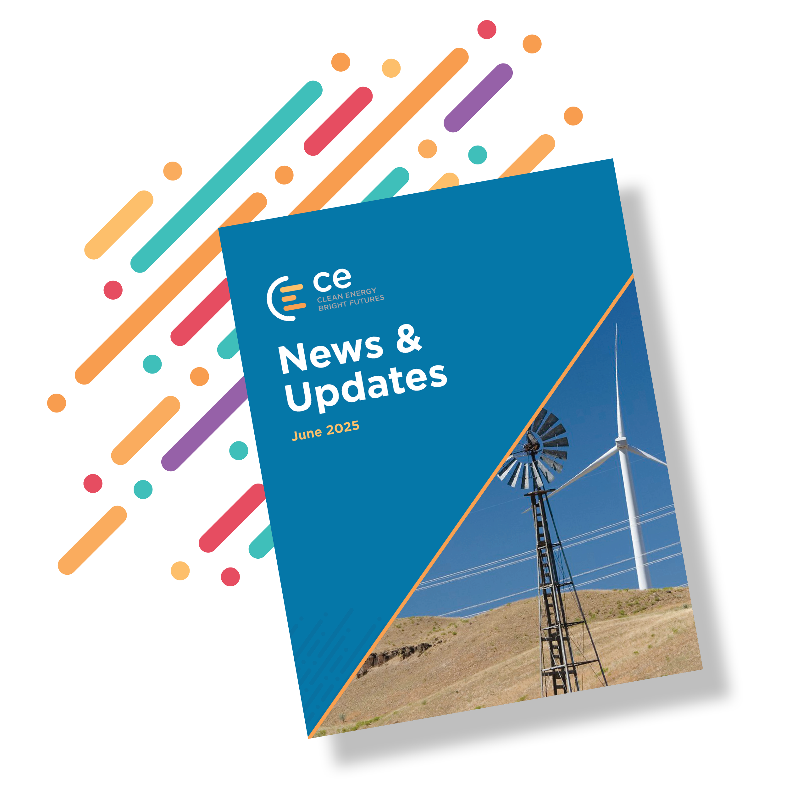 Image of newsletter cover, the top left half is blue with the CE logo and the text "News and Updates" with the bottom right half has an image of a metal windmill with a white w0nid turbine and power lines in the background.
