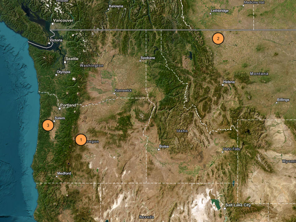 A map of the greater Pacific Northwest. There are 3 orange circles. The circle labeled 1 is in central Oregon. The circle labeled 2 is in North Western Montana on the Eastern side of the mountains. Circle 3 is in Oregon Southwest of Salem.