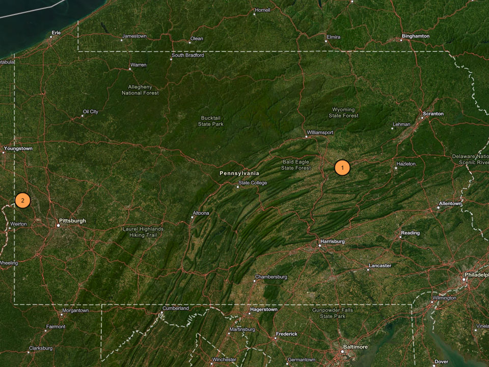 Map of Pennsylvania with one orange circle labeled 1 in the Eastern middle of the state and a orange circle with the number 2 on the Western edge of the state.