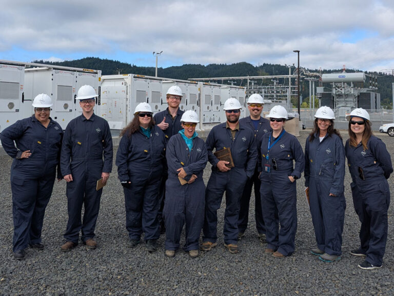 A group of people in blue coveralls and white hardhats stand in front of battery storage containers. A transfer station can be seen to the back right. In the background are green hills and a cloudy blue sky.