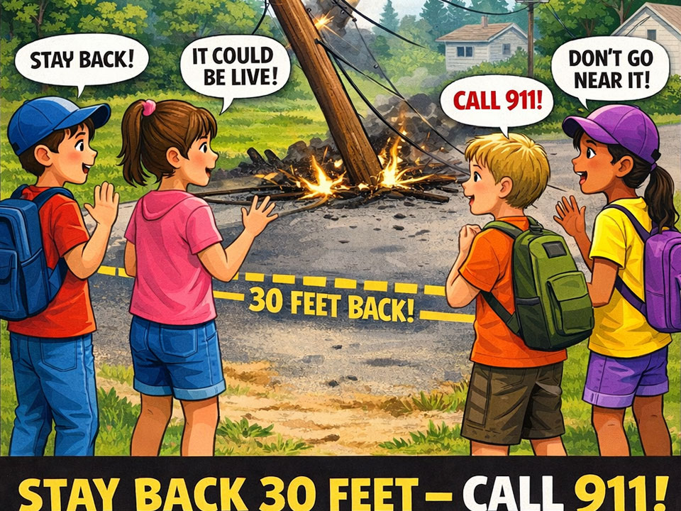 Color illustration of a boy in a red shirt and blue ball cap with a blue backpack saying, "STAY BACK!". to the left of a girl in a pink shirt, brown pony tail and blue shorts standing on the left saying, "IT COULD BE LIVE!" On the right are a blonde boy with orange shirt, brown shorts, and green backpack saying "CALL 911!" To his right is a girl in a purple ball cap with a black pony tail, yellow shirt and purple shorts and backpack saying "DON'T GO NEAR IT!" In the middle and background is a yellow dashed line that says 30 FEET BACK! in front of a broken power pole base with fire around it. At the bottom in a black bar is yellow text underlined in red that reads "STAY BACK 30 FEET - CALL 911!"