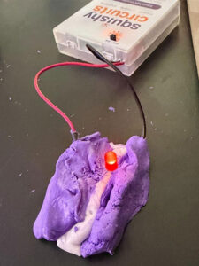 Image of a modeling clay electric shallow rectangular scupture in purple clay with a white clay barrier in the middle. On the right a black wire goes from the sculpture to a white plastic box with an on/off switch labeled Squishy Circuits (upside down in image). A red wire runs from the white box to the left side of the sculpture.