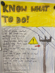 Photo of a poster made by students. The top 1/3 is colored yellow with black text that reads, "KNOW WHAT TO DO!" The bottom two thirds has drawn power pole with three power lines on the right side. Immediately to it's left at mid-page is a yellow warning triangle icon withh a red arrow below it pointed at the power pole. To the left is handwritten text in black that reads, "Do not make contact with the power line or anything that's making contact with it. Keep children, pets, and ladders away from power lines at all costs. Stay 30 feet (carrot add) away or more from downed power lines. Call help if you're able to as fast as possible. Slowly get away from the power line and don't make contact with anything. Nika/Austin/Jaxton"